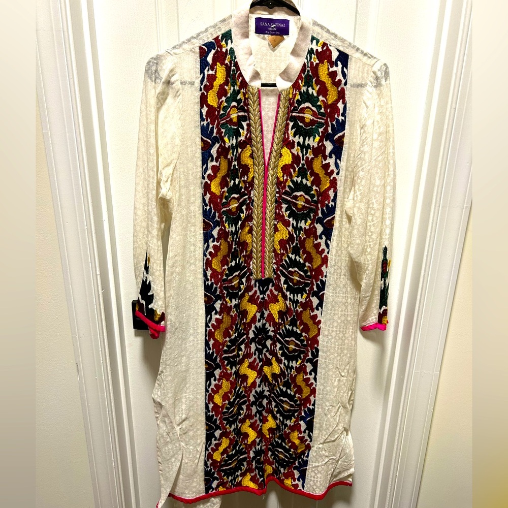 SANA SAFINAZ embroidered Shirt Kameez Kurta sz M white cotton net w/ embroidery